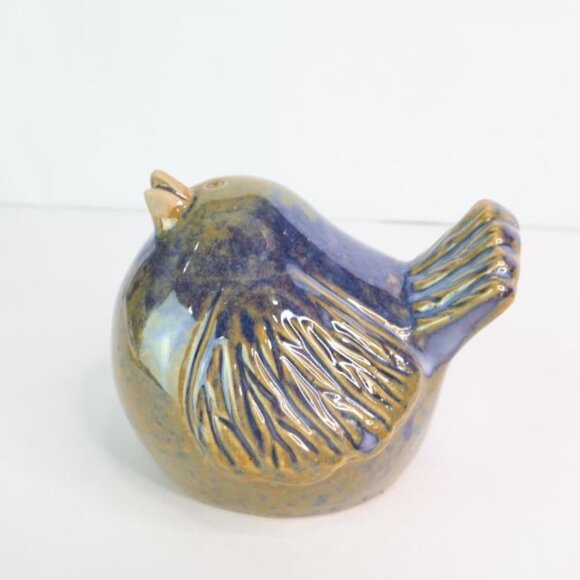 Pudgy Bird Figurine Blue Brown Glaze Shelf Decor - Picture 4 of 8